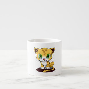 SPOTTED BROWN GREEN-EYED KITTEN ON A MAROON MAT ESPRESSO CUP