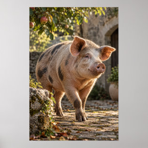 Spotted Farm Pig in Sunlit Orchard Animal Wall Art