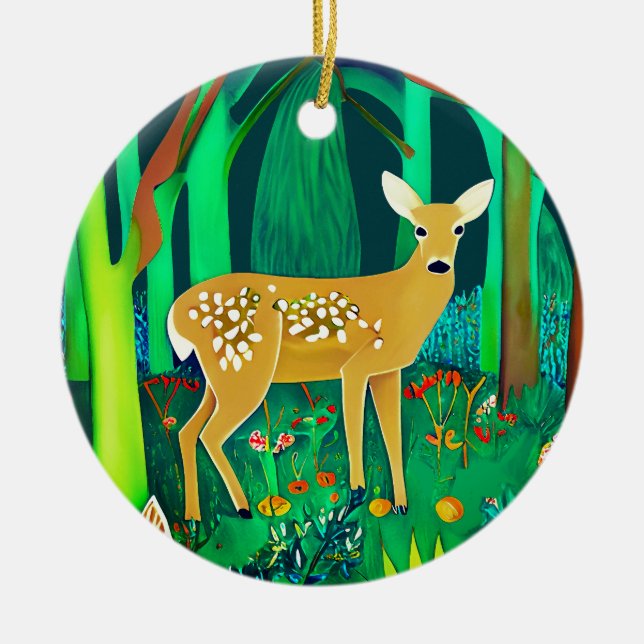 Spotted Fawn in a Fantasy Forest Setting  Ceramic Tree Decoration (Front)