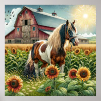Spotted Horse, Rustic Barn, Sun Rising on Farm