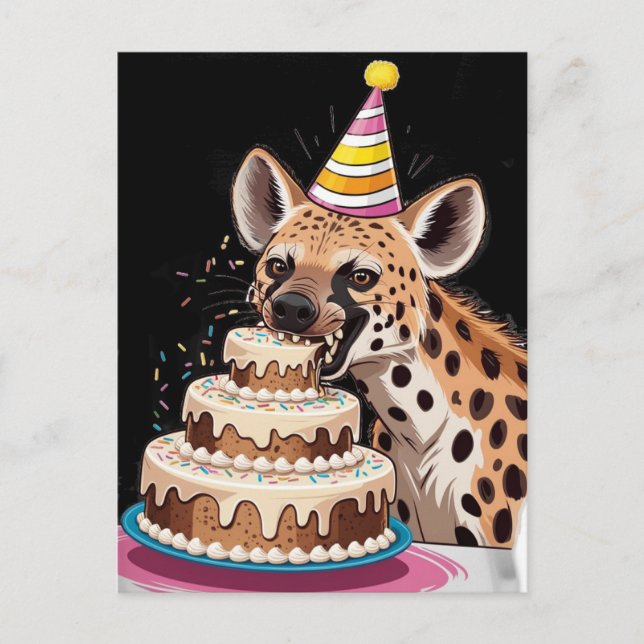 Spotted hyena wearing hat biting into cake postcard (Front)