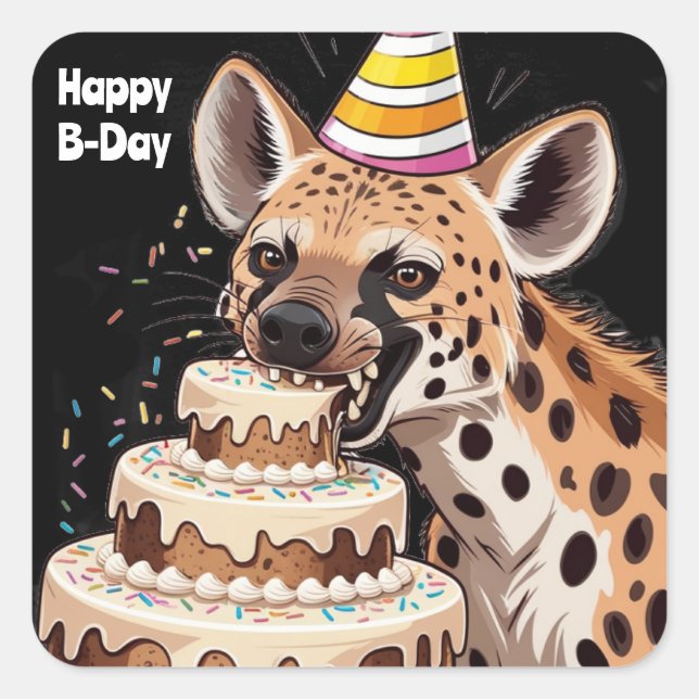 Spotted hyena wearing hat biting into cake square sticker (Front)