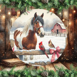 Spotted Pinto Horse and Cardinals Christmas Classic Round Sticker<br><div class="desc">Farming themed Christmas stickers with a pretty brown and white spotted horse with a male and female cardinal on the fence with a rustic barn in the background of a snowy winter day watercolor ai art.</div>