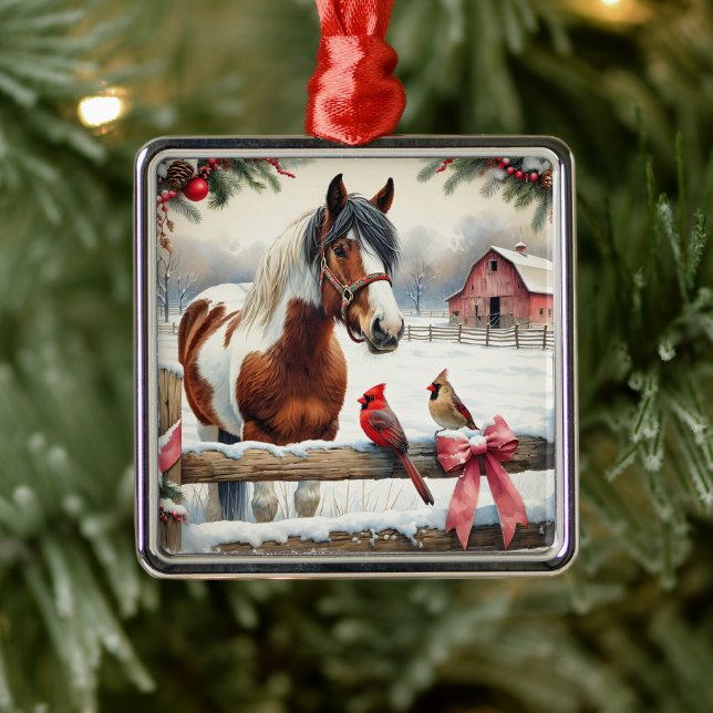 Spotted Pinto Horse and Cardinals Christmas Metal Tree Decoration (Tree)