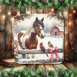 Spotted Pinto Horse and Cardinals Christmas Square Sticker<br><div class="desc">Farming themed Christmas stickers with a pretty brown and white spotted horse with a male and female cardinal on the fence with a rustic barn in the background of a snowy winter day watercolor ai art.</div>