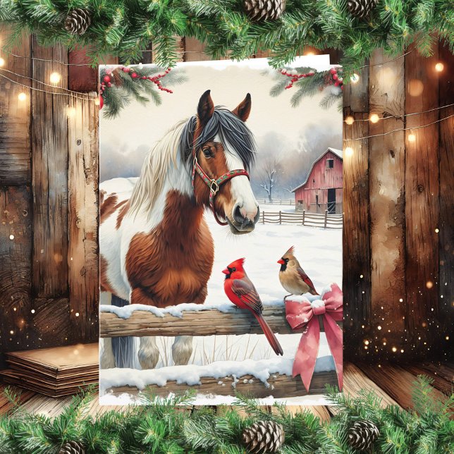 Spotted Pinto Horse and Cardinals Personalised Holiday Card (Creator Uploaded)