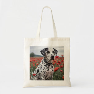 Spotty Handsome Dalmation Dog In The Poppy Field, Tote Bag