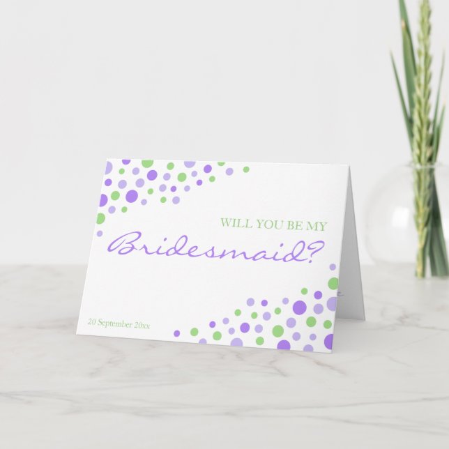 Spotty Modern Purple Green Be My Bridesmaid Invite (Front)
