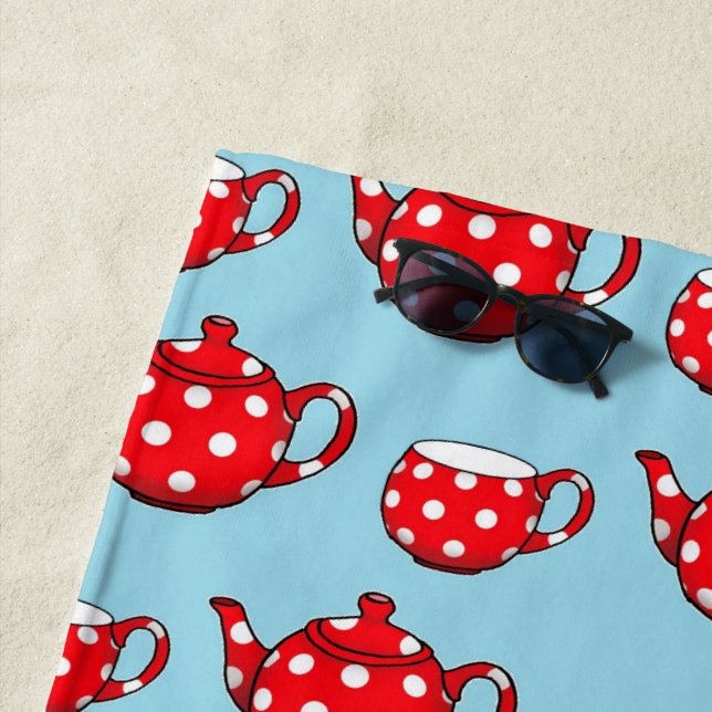 Spotty Red Teapot and Cups Blue Pattern Beach Towel (In Situ)