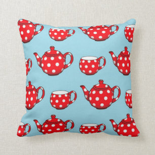 Spotty Red Teapot and Cups Blue Pattern Cushion