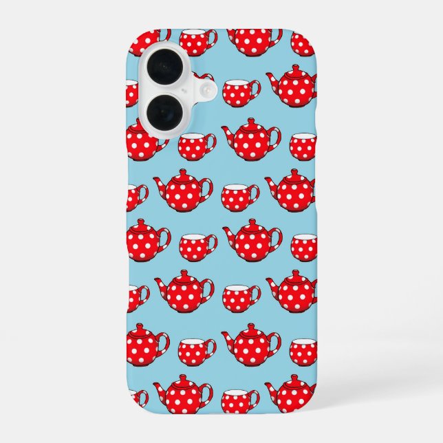 Spotty Red Teapot and Cups Blue Pattern iPhone 16 Case (Back)