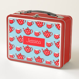 Spotty Red Teapot and Cups Pattern Personalised Metal Lunch Box