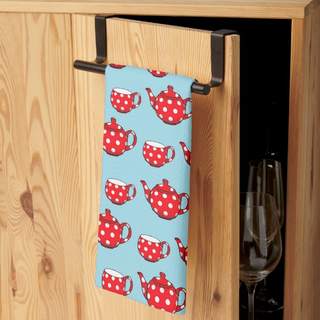 Spotty Red Teapot and Cups Pattern  Tea Towel (Thirds Fold)
