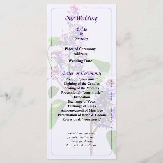 Spray of Lilacs Wedding Program Programme (Front)