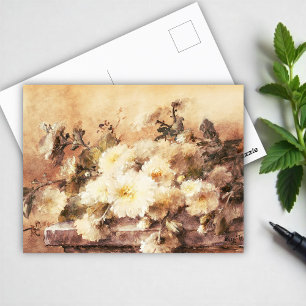 Spray of white chrysanthemums on a stone ledge pos postcard