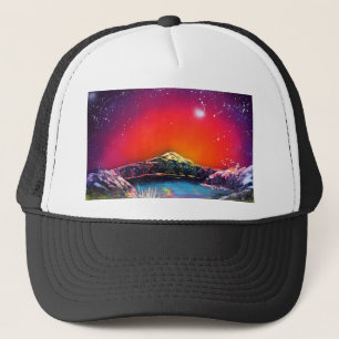 Spray Paint Art Mountain Pond Sunset Painting Trucker Hat