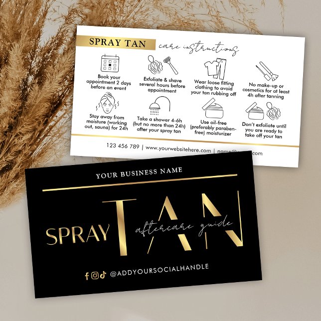 Spray Tan Aftercare Guide Modern Black & Gold Business Card (Modern black and gold spray tanning aftercare cards with icons)