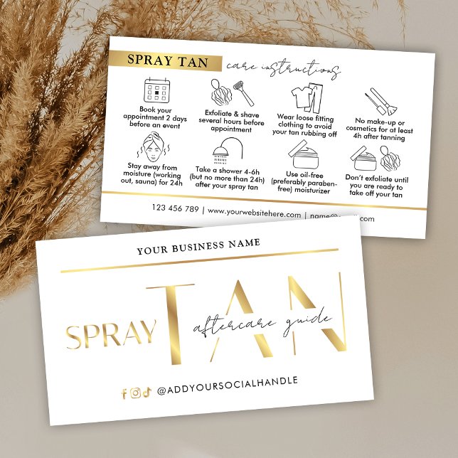 Spray Tan Aftercare Guide Modern White & Gold Business Card (Modern white and gold spray tanning aftercare cards with icons)