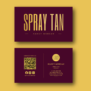 Spray Tan QR Code & Logo Burgundy And Gold  Business Card