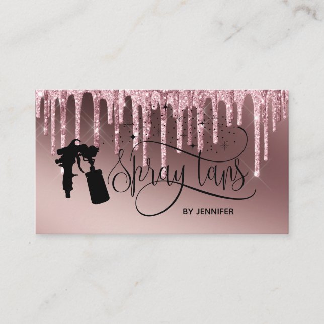 Spray tan script dripping glitter gold business card (Front)