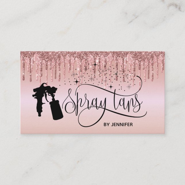 Spray tan script dripping glitter gold business card (Front)