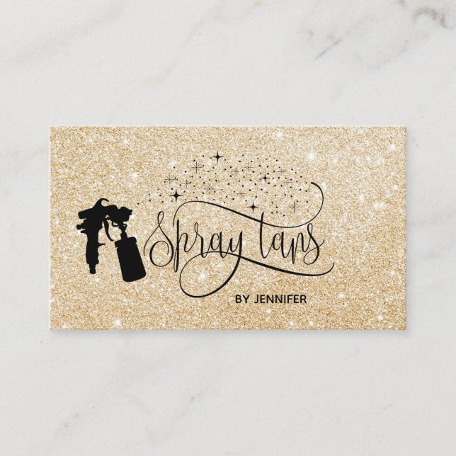 Spray tan script gold glitter confetti business card (Front)