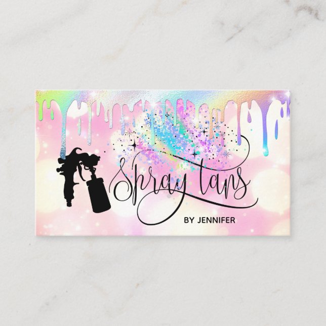 Spray tan unicorn holograph rainbow glitter drips business card (Front)