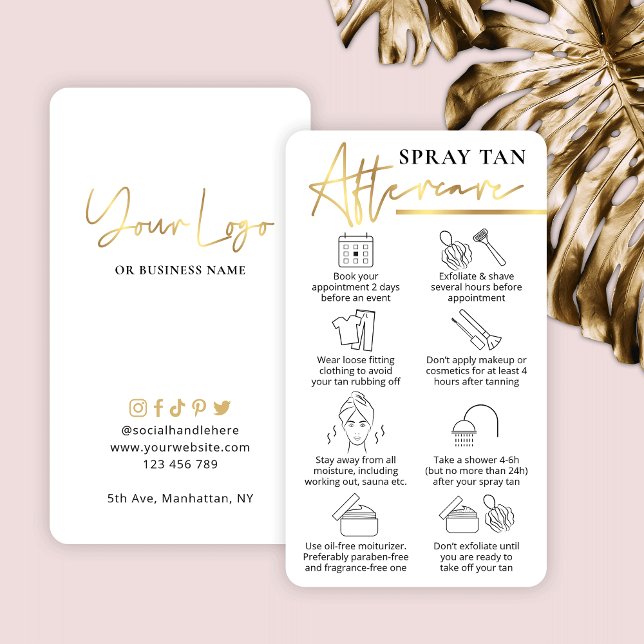 Spray Tanning Aftercare Guide White & Gold Business Card (Creator Uploaded)