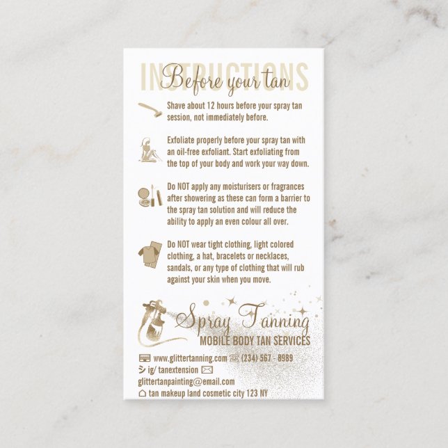 Spray Tanning Before After Care Guide Instruction Business Card (Front)