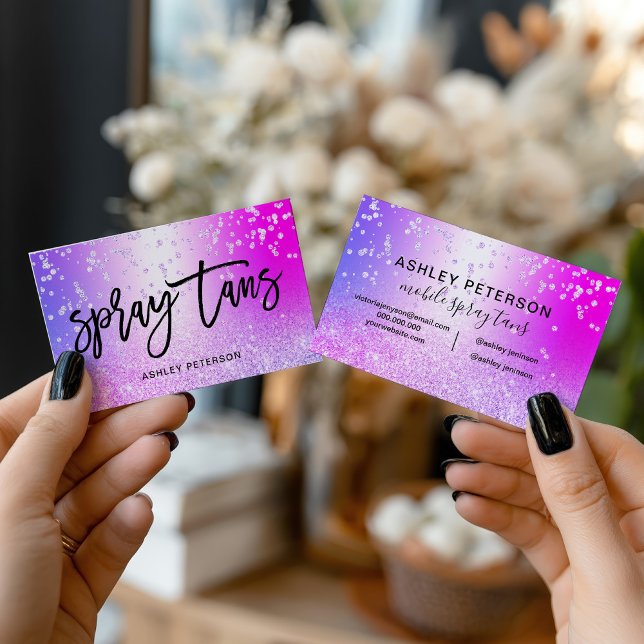 Spray tans Pink purple glitter metallic confetti Business Card (Spray tans Pink purple glitter metallic confetti Business Card)