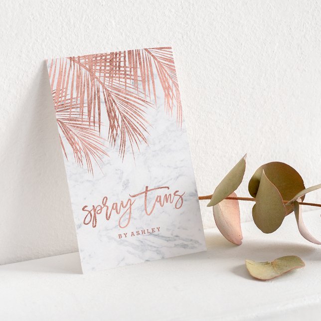 Spray tans script rose gold palm tree leaf marble business card (Spray tans script rose gold palm tree leaf marble business card)
