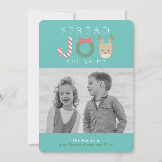 Spread JOY Reindeer Mask Blue Christmas Photo Holiday Card (Front)