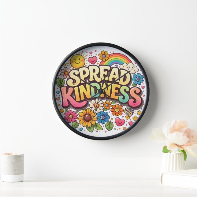 Spread Kindness – Cute Floral Rainbow Clock (Home)