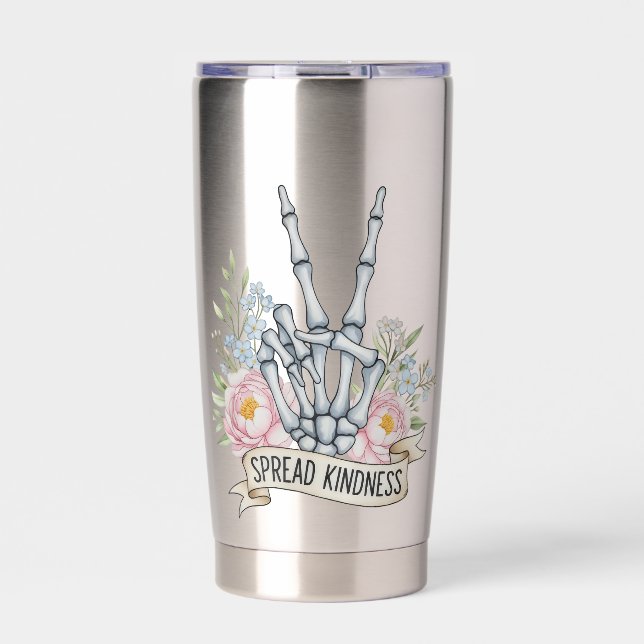 "Spread Kindness" Skeleton Peace Sign – Watercolor Insulated Tumbler (Front)
