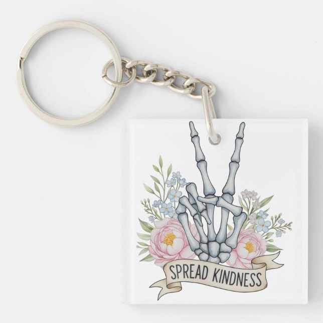 "Spread Kindness" Skeleton Peace Sign – Watercolor Key Ring (Front)