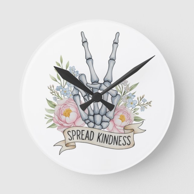 "Spread Kindness" Skeleton Peace Sign – Watercolor Round Clock (Front)