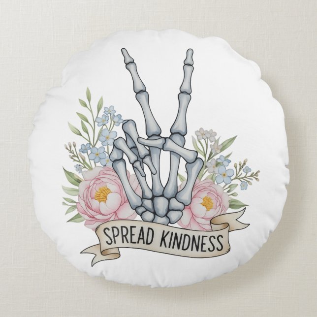 "Spread Kindness" Skeleton Peace Sign – Watercolor Round Cushion (Front)