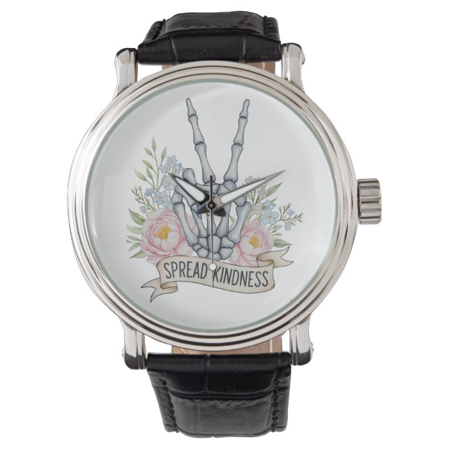 "Spread Kindness" Skeleton Peace Sign – Watercolor Watch (Front)
