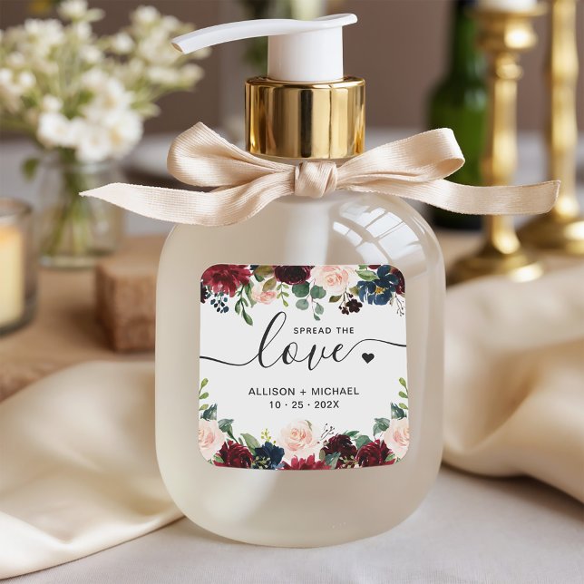 Spread Love Burgundy Navy Floral Wedding Sanitizer Square Sticker (Creator Uploaded)
