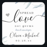 Spread Love Dusty Blue Greenery Wedding Favour Square Sticker<br><div class="desc">Modern watercolor dusty blue greenery foliage spread love not germs design with couple's names and date,  simple and elegant,  great wedding favours for rustic wedding,  spring wedding and summer wedding. 
See all the matching pieces in collection</div>