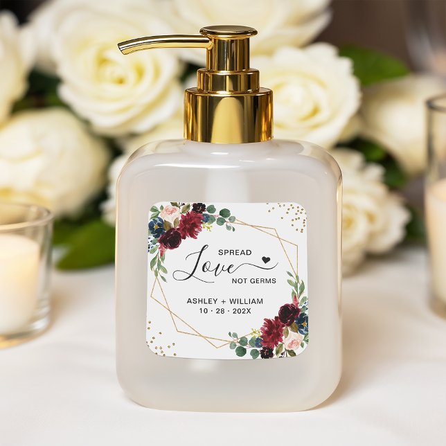 Spread Love Gold Burgundy Navy Floral Sanitizer Square Sticker (Creator Uploaded)