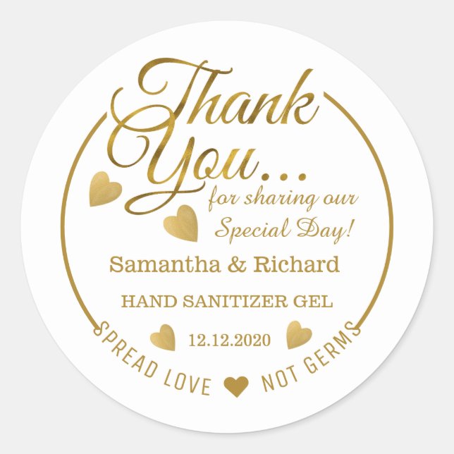 Spread Love Hand Sanitizer Gold Thank You Favour Classic Round Sticker (Front)