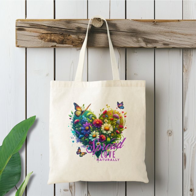 Spread Love Naturally Floral Butterfly Heart Tote Bag (Creator Uploaded)