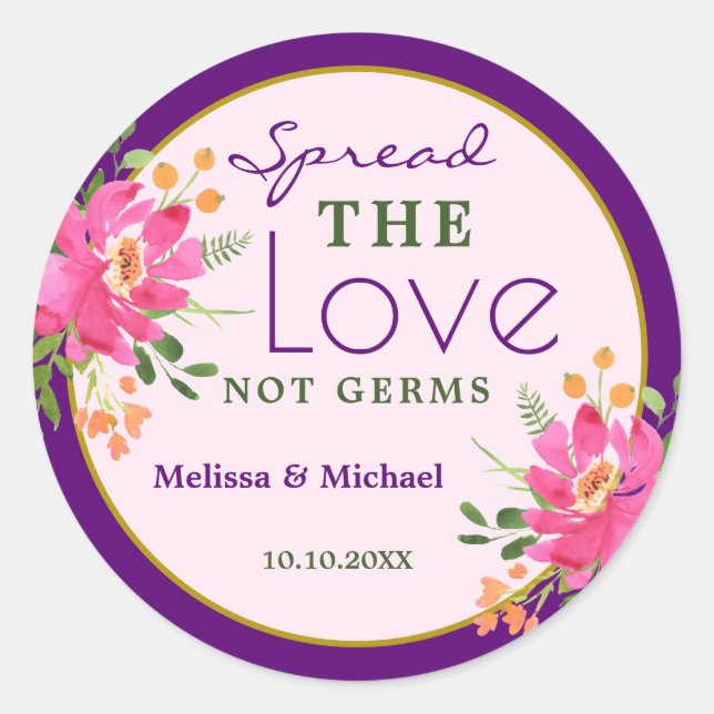 Spread Love Purple Pink Floral Wedding Favour Classic Round Sticker (Front)