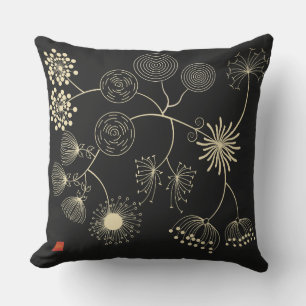`Spread of Love` Golden Black Abstract Flowers Cushion