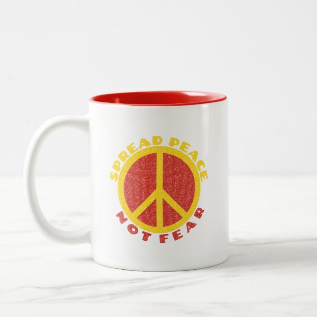 Spread Peace Not Fear Peace Symbol Yellow Red Two-Tone Coffee Mug (Left)
