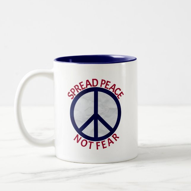 Spread Peace Not Fear Symbol Blue Red Two-Tone Coffee Mug (Left)