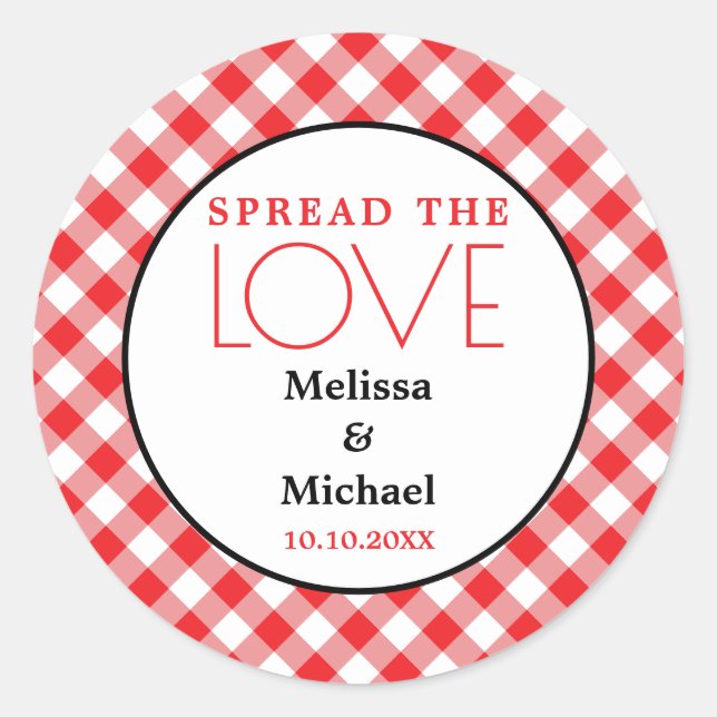 Spread The Love Red Gingham Wedding Favour Classic Round Sticker (Front)