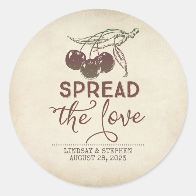 Spread The Love Rustic Cherry Wedding Favour Classic Round Sticker (Front)