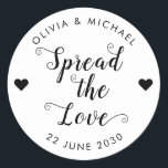 Spread the Love Wedding Party Jam Jelly Jar Favour Classic Round Sticker<br><div class="desc">A Classic Black Wedding Jam Jelly Jar Favour Label Sticker featuring "Spread the Love" in a rustic modern elegant font calligraphy and heart accents. 
You can easily personalised it with your names and wedding date.</div>
